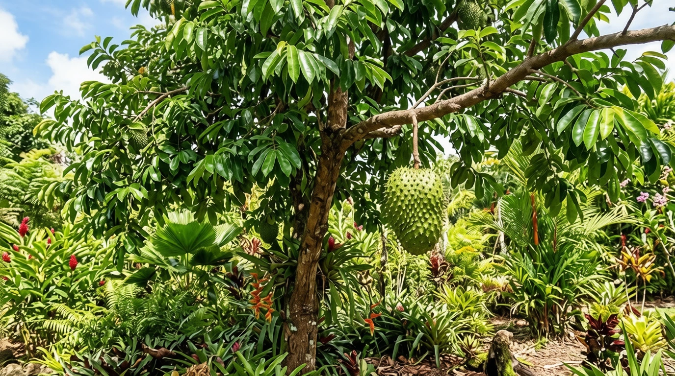 Annona muricata tree with soursop fruit and leaves in a tropical climate