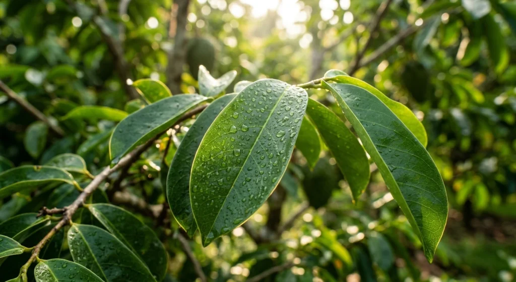 Fresh green soursop leaves for herbal tea and health benefits